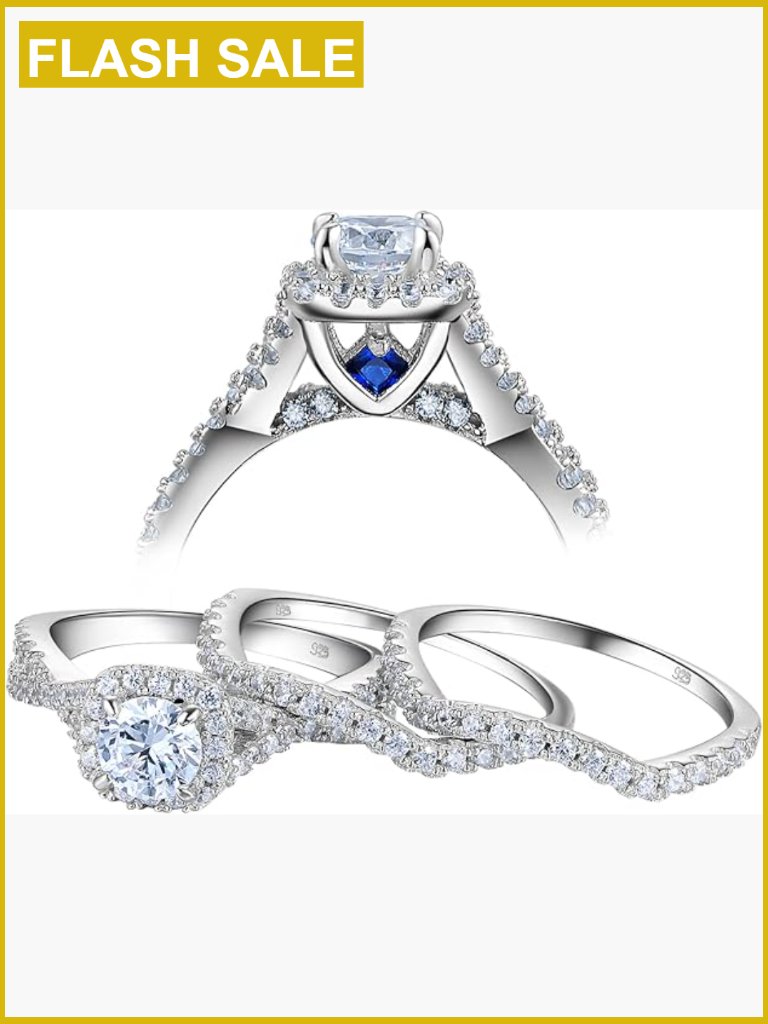 3pcs Cubic Zirconia Sterling Silver Engagement Bridal Ring Set Size 7.5